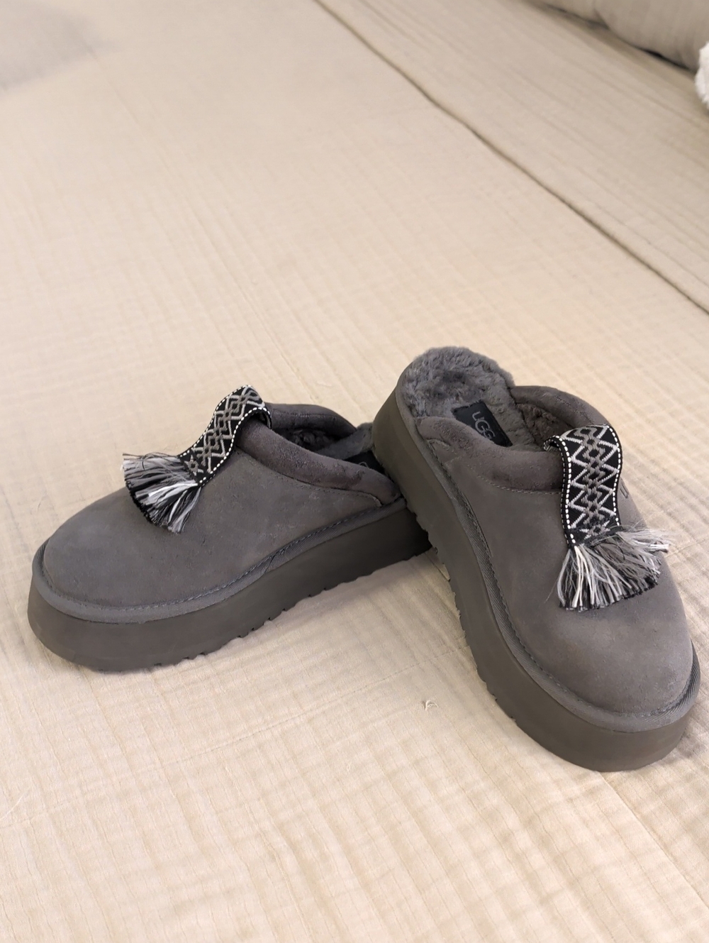 UGG Tazzle Gray Suede Platform Tassel Mules